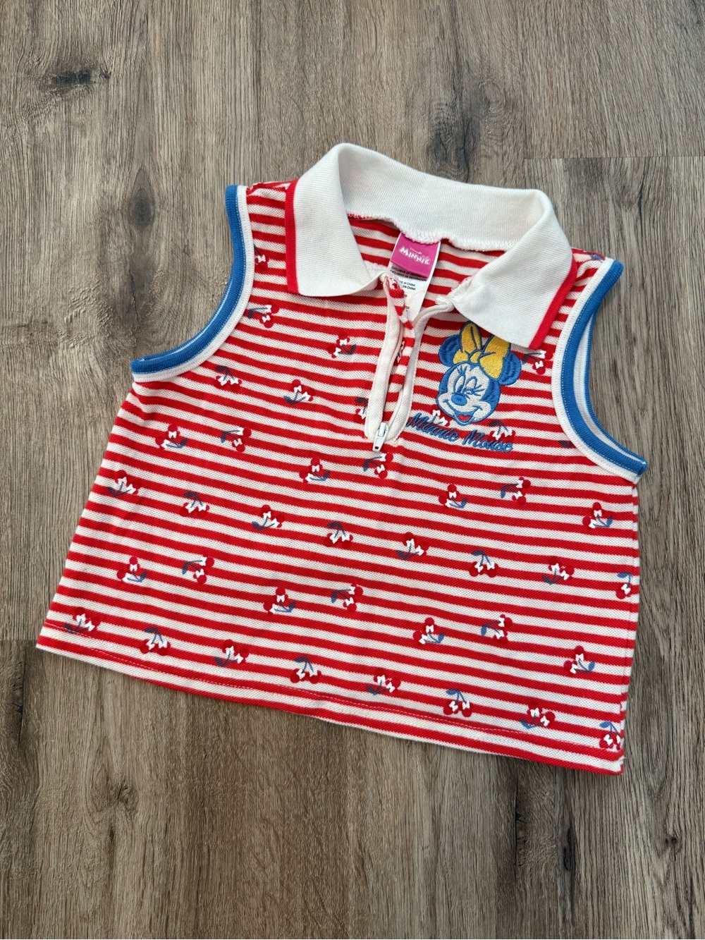 Kids Sleeveless Polo Top with Red & White Stripes and Minnie Mouse Embroidery